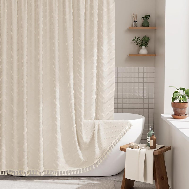 AmazerBath ستارة دش بوهيمية مزينة بالخرز، مجموعة ستائر دش بيج، ستارة دش قماش ناعمة بتصميم شيفرون ريفي مع خطافات، جودة فندقية، 72x72 بوصة - Image 1